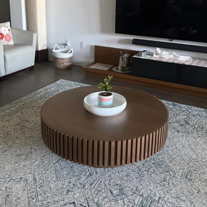 Walnut Round Coffee Table, Modern Luxury Wood Circle Drum Center Table for Living Room, Accent Side End Tea