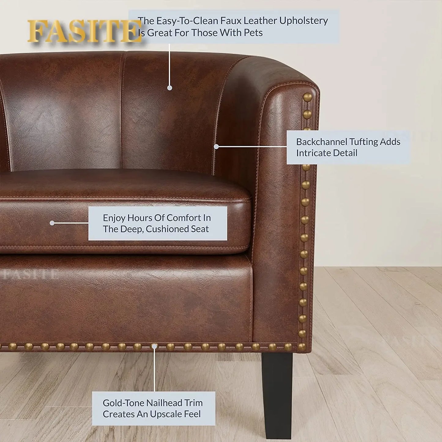 Modern Tub Club Chair Upholstered Armchair for Living Room Faux Leather Chair with Gold Nail Head Trim Black Legs