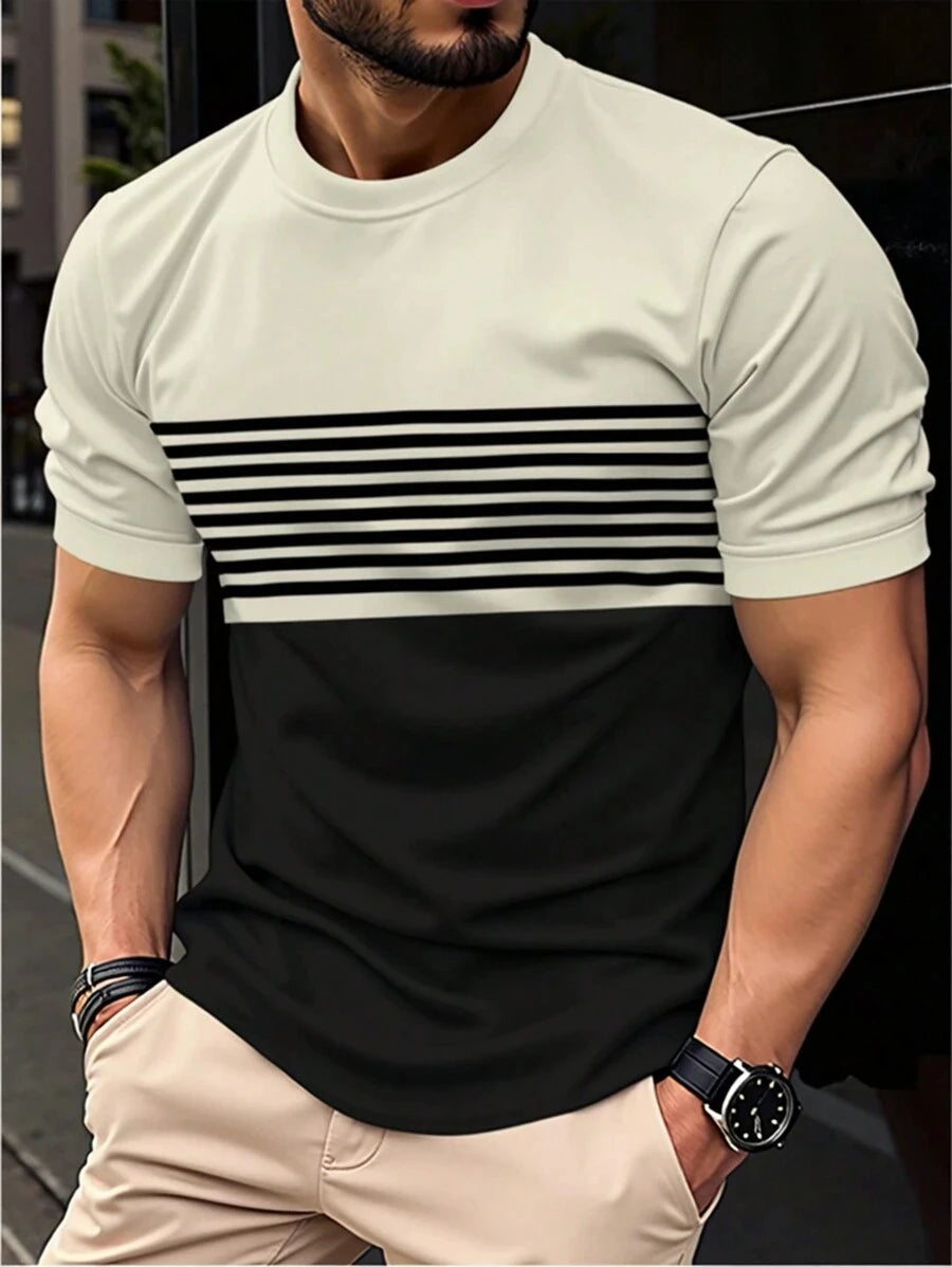 Outdoor Men's T Shirt Summer Fashion Casual Round Neck Short Sleeve Top Striped Printed Style Asian Size Men's Clothing T-shirt