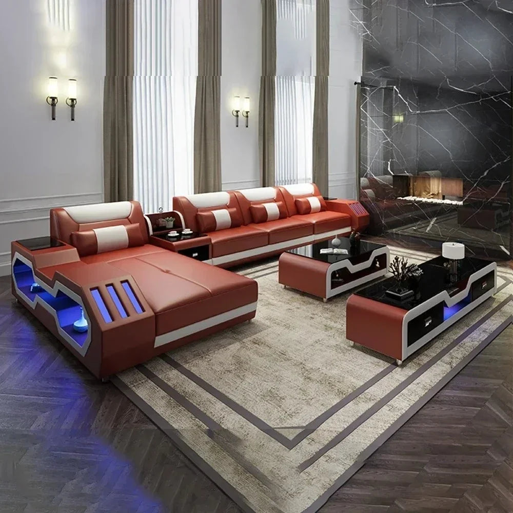 Modern LED Lighted Sofa Set with Recliner, Adjustable Headrest & Console | Luxury Leather Sectional Couch | Futuristic Furniture