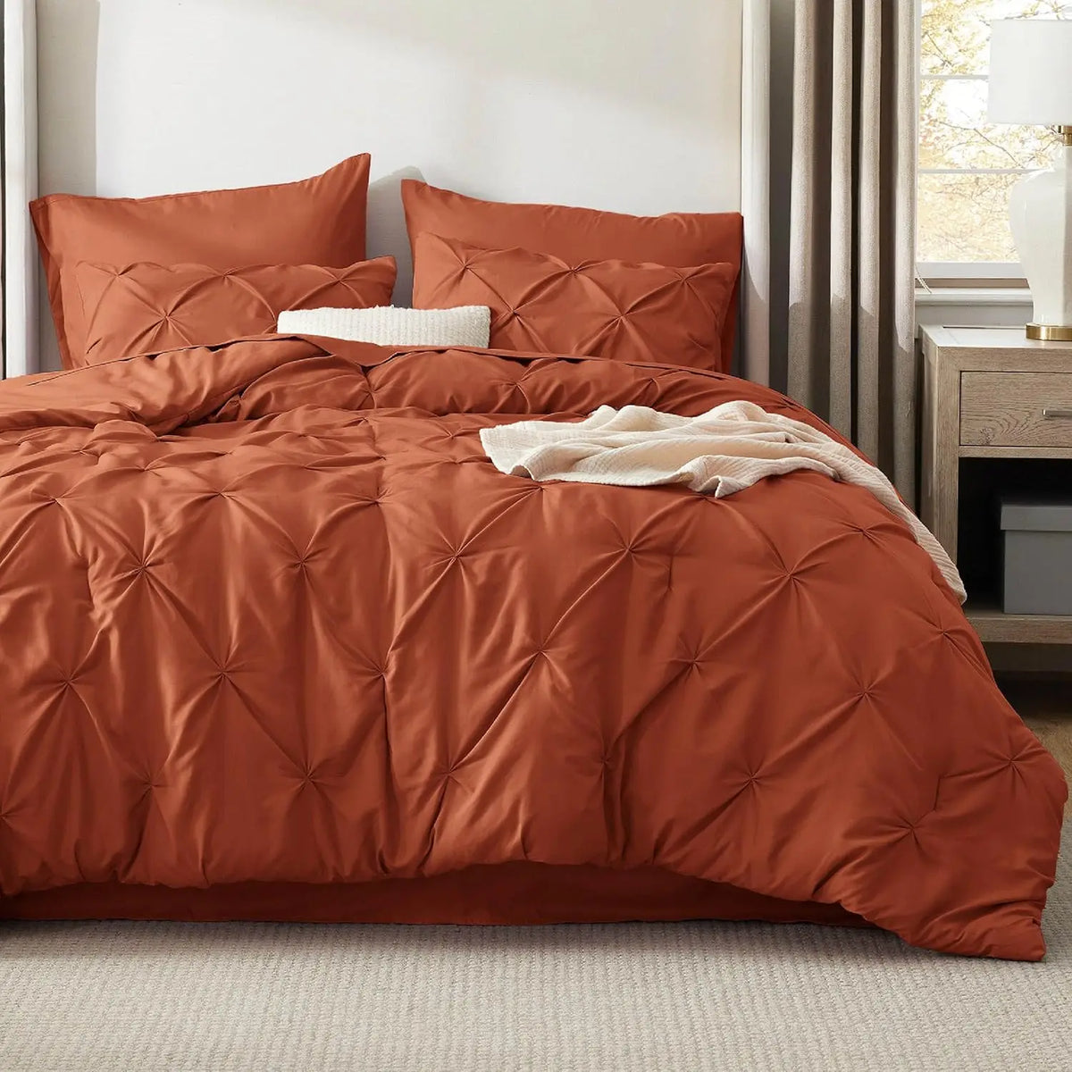 King Size Comforter Set Burnt Orange Bed in a Bag King Size 7 Pieces GentleSoft™ Pintuck Bed Set Gift for Family Pinch Pleat Bur