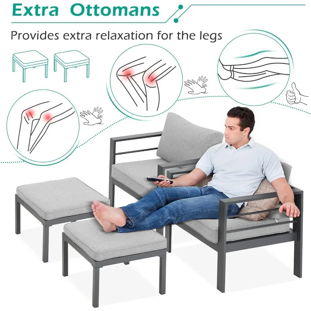 Aluminium modern patio furniture with coffee table, 7-piece outdoor conversation set, dark grey cushions, suitable for balcony