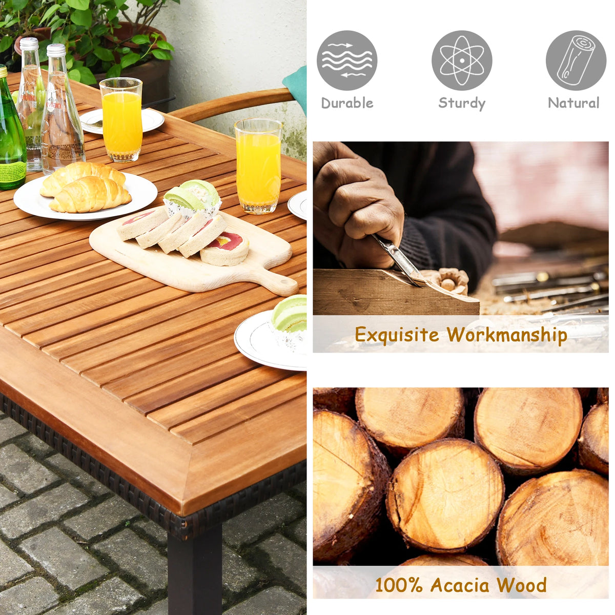 6 PCS Patio Rattan Dining Set Acacia Wood Table Stackable Chair Bench