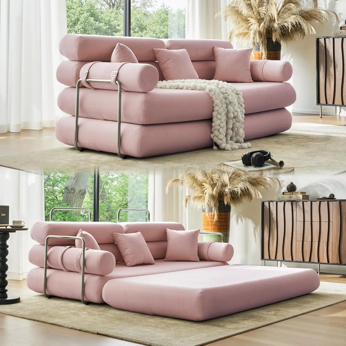 Convertible Sleeper Sofa - 35'' High-Back Floor Couch Bed - Folding Sofa Bed with Rounded Arm Supports - Floor Sofa Lounge