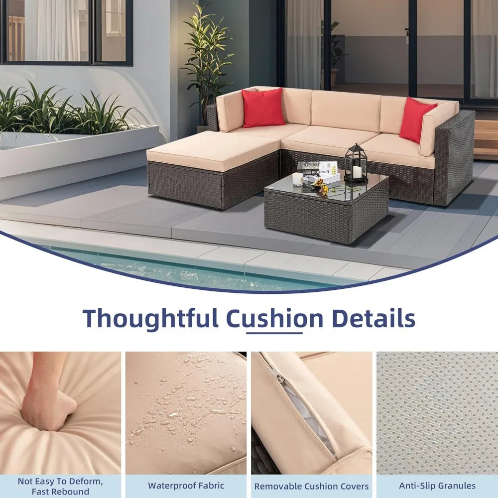 5-Piece Patio Set: All-Weather Brown PE Wicker Sectional Couch - Outdoor Conversation Group for Garden & Patio