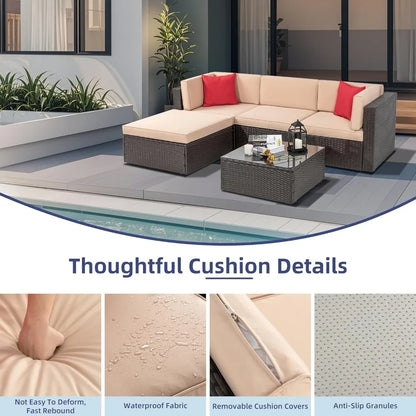 5-Piece Patio Set: All-Weather Brown PE Wicker Sectional Couch - Outdoor Conversation Group for Garden & Patio