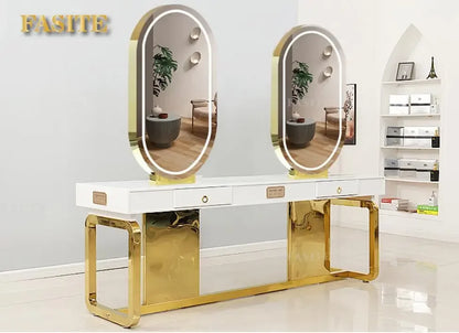 Hairdresser's mirror stand hair salon special solid wood haircut mirror simple barber's table with light