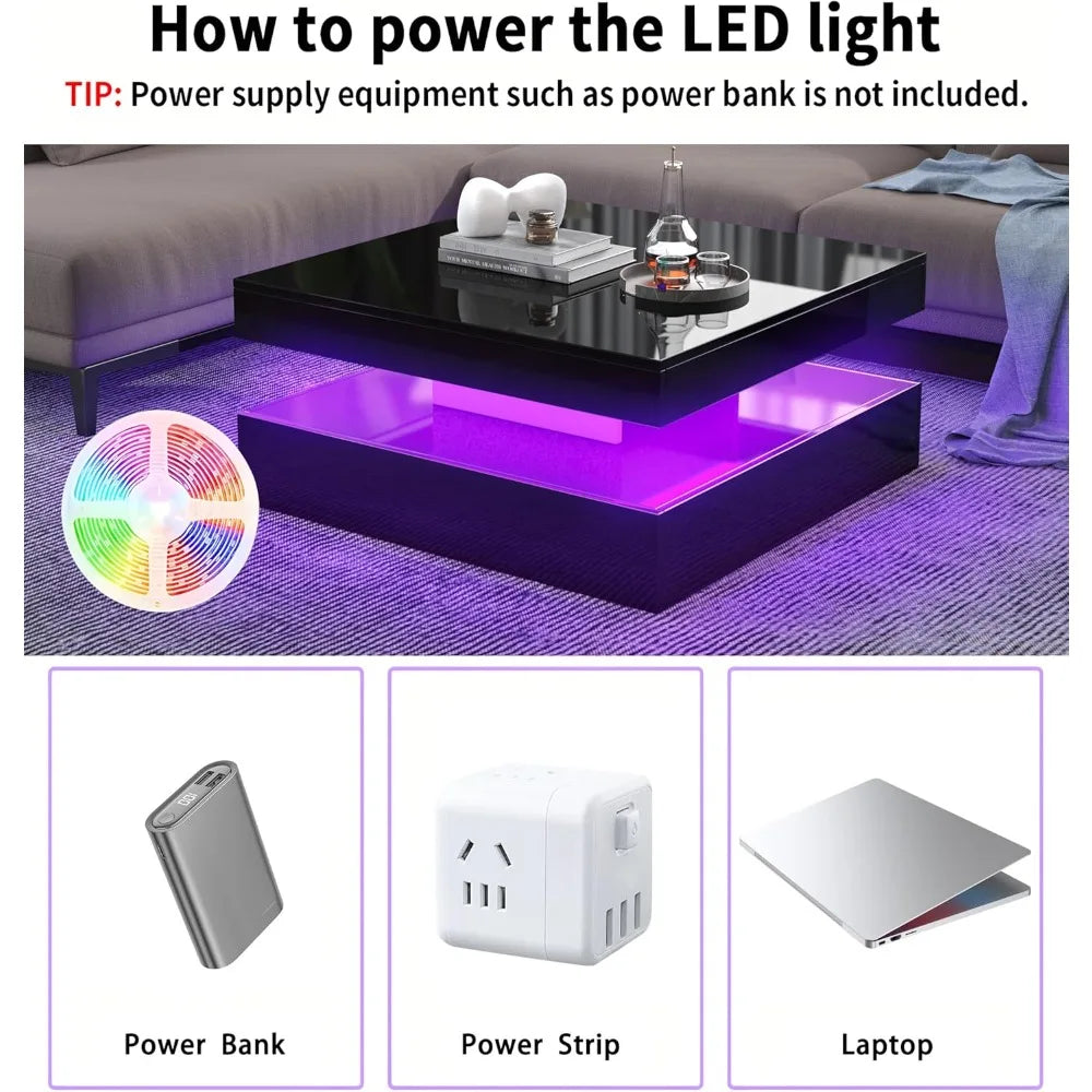 LED Coffee Table for Living Room with Storage - High Glossy Modern White Center Table with 2 Drawers, Square Wooden Middle Tabl