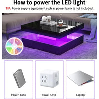 LED Coffee Table for Living Room with Storage - High Glossy Modern White Center Table with 2 Drawers, Square Wooden Middle Tabl