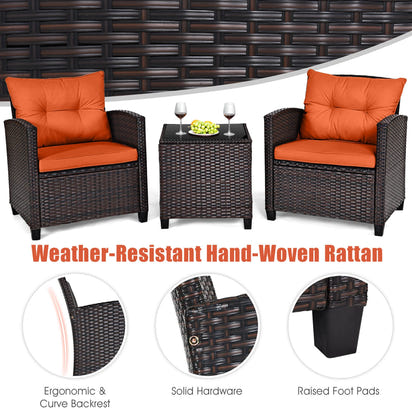 3 PCS Patio Rattan Furniture Set Cushioned Conversation Set Sofa Orange