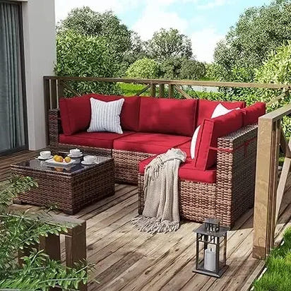 Patio Furniture Set Outdoor Modern Sectional  Wicker Couch with Glass Coffee Table, Thicken Cushions, Waterproof Cover