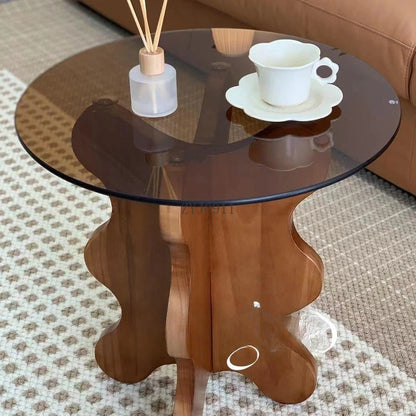 Table basse ondulée en bois massif, pétale rétro français, table créative en verre trempé, petite table ronde