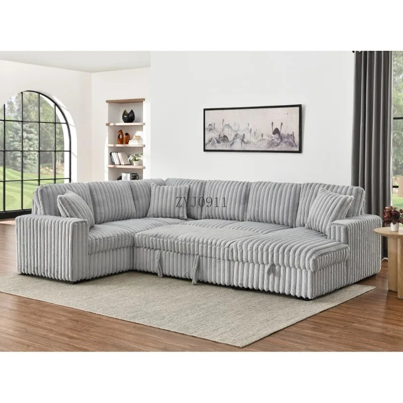 122-Inch lift sofa bed, plush fabric sofa bed with USB port, living room khaki sofa