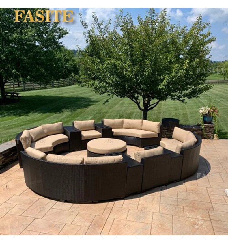 Sofa, courtyard, garden, leisure, outdoor living room, semi circular curved rattan chair, terrace, outdoor furniture combination