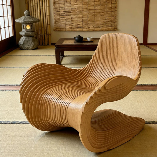 *Contemporary Wavy Solid Wood Slice Leisure Chair | Unique Irregular Accent Chair for Modern Living Room, Home Office & Patio
