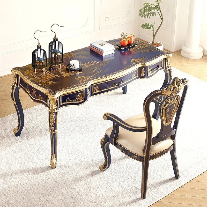 Royal Blue Hand-Painted Solid Wood French-Chinese Dining Set Dining & Study Dual Use
