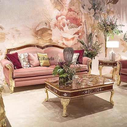 European luxury solid wood carving flower sofa French parquet fabric sofa coffee table combination