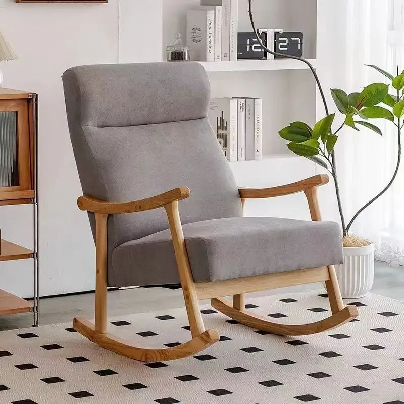 Wooden Rocking Chair Lounge Chair High Backrest Rocking Armchair Accent Chair with Lumber Pillow
