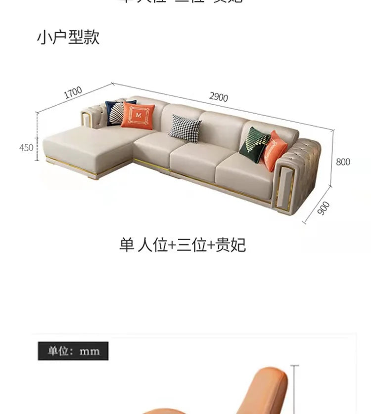 Italian light luxury sofa living room leather sofa first layer cowhide buckle design luxury combination sofa size apartment