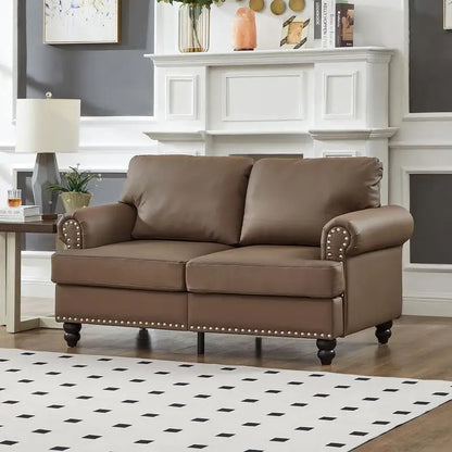 Modern Classic Design 2+3 Seater Loveseat & Sofa Leather Couch, Upholstered Imitation Cowhide Leather in Brown