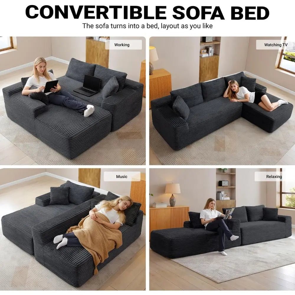 Modern 108 L-Shape Sectional Sofa, Deep Seated Cloud Couch, Corduroy Fabric, Black, Right Chaise, Living Room Furniture, No Asse