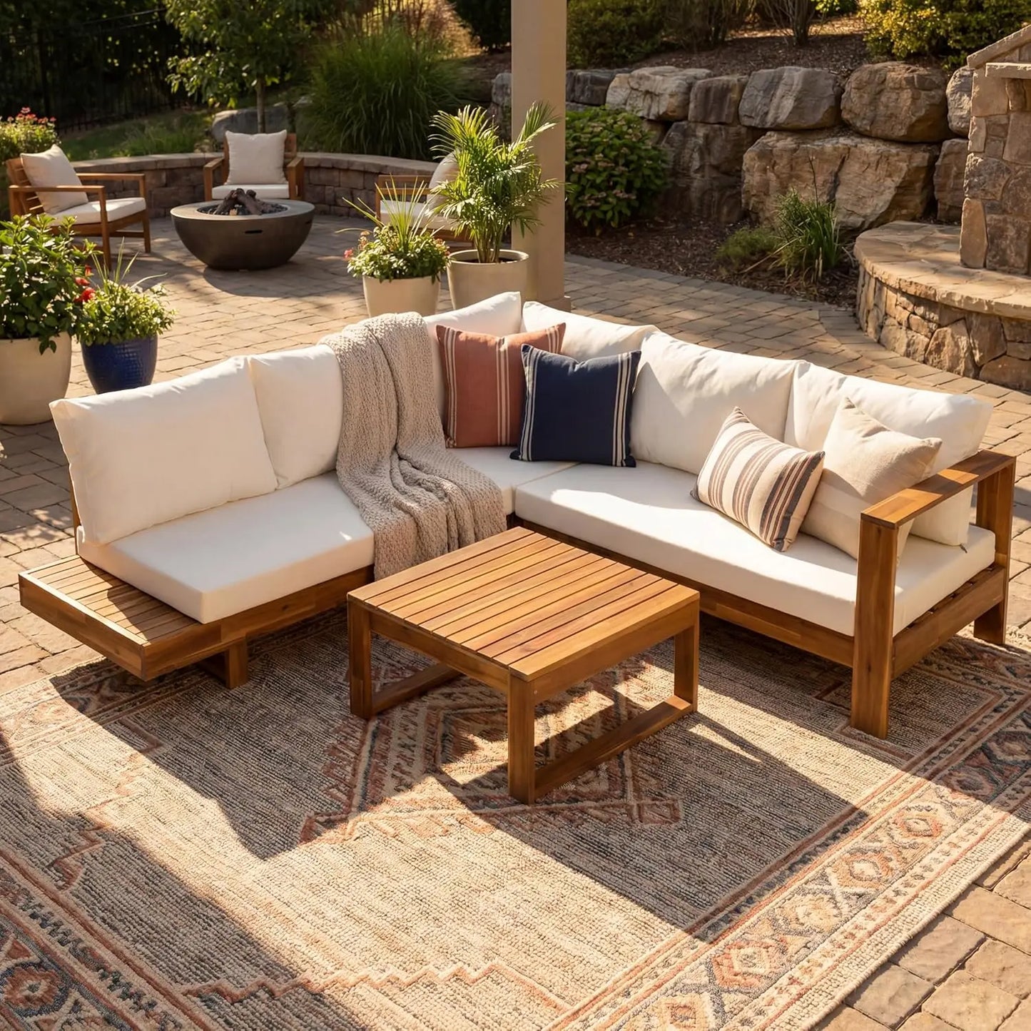 Acacia Wood 4pc Outdoor Sectional Sofa Set with Cushions and Slatted Design - Modern Patio, Deck & Garden Seating, Customized