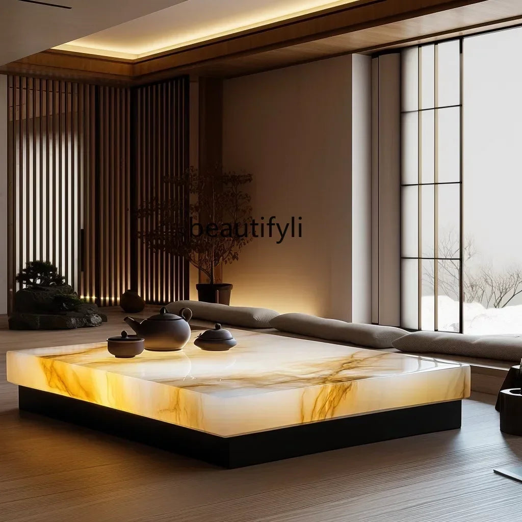 Large flat-layer luminous coffee table jade luxury stone square marble natural light luxury new Chinese Zen leisure area
