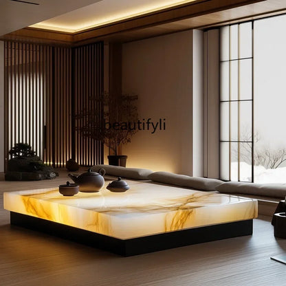 Large flat-layer luminous coffee table jade luxury stone square marble natural light luxury new Chinese Zen leisure area