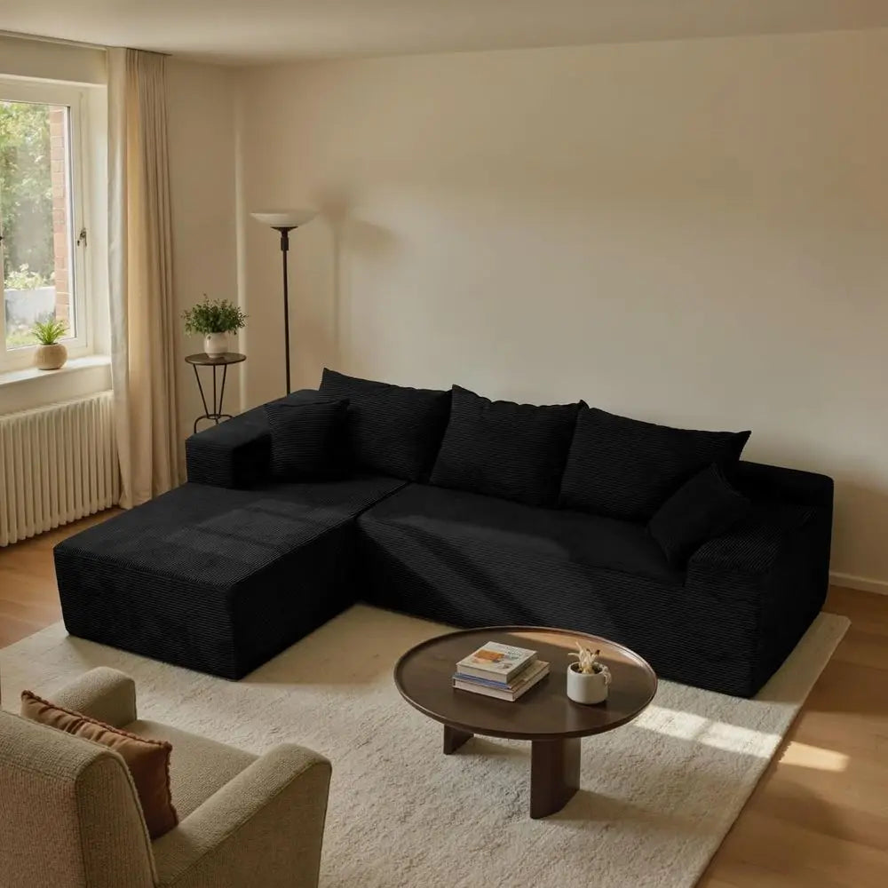 Black Sectional Couches for Living Room, Boneless Couch with L-Shape Chaise, Modular Sofa in Box with Deep Seat, No Assembly Req