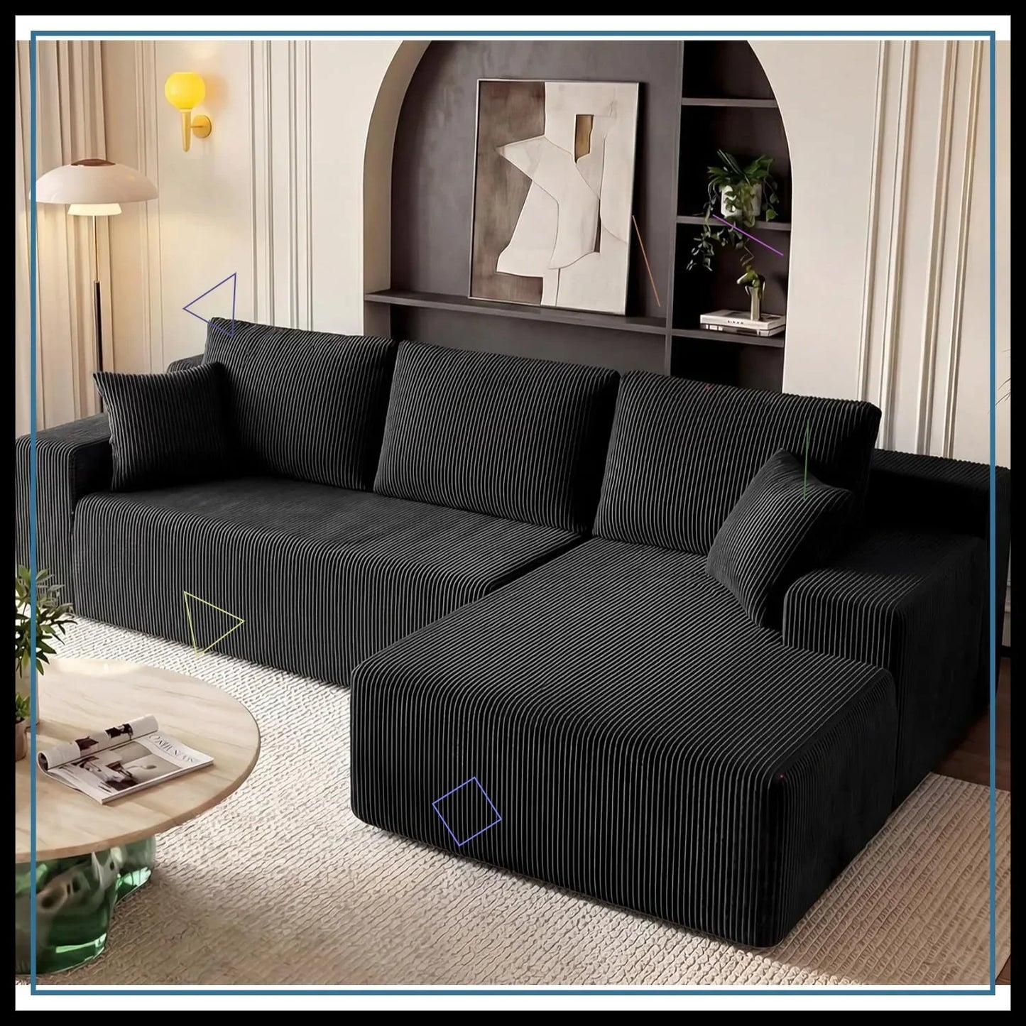 Modular L Shaped Couch for Living Room, Deep Seat Sectional Sofa with Chaise, Memory Foam, No Assembly, Black