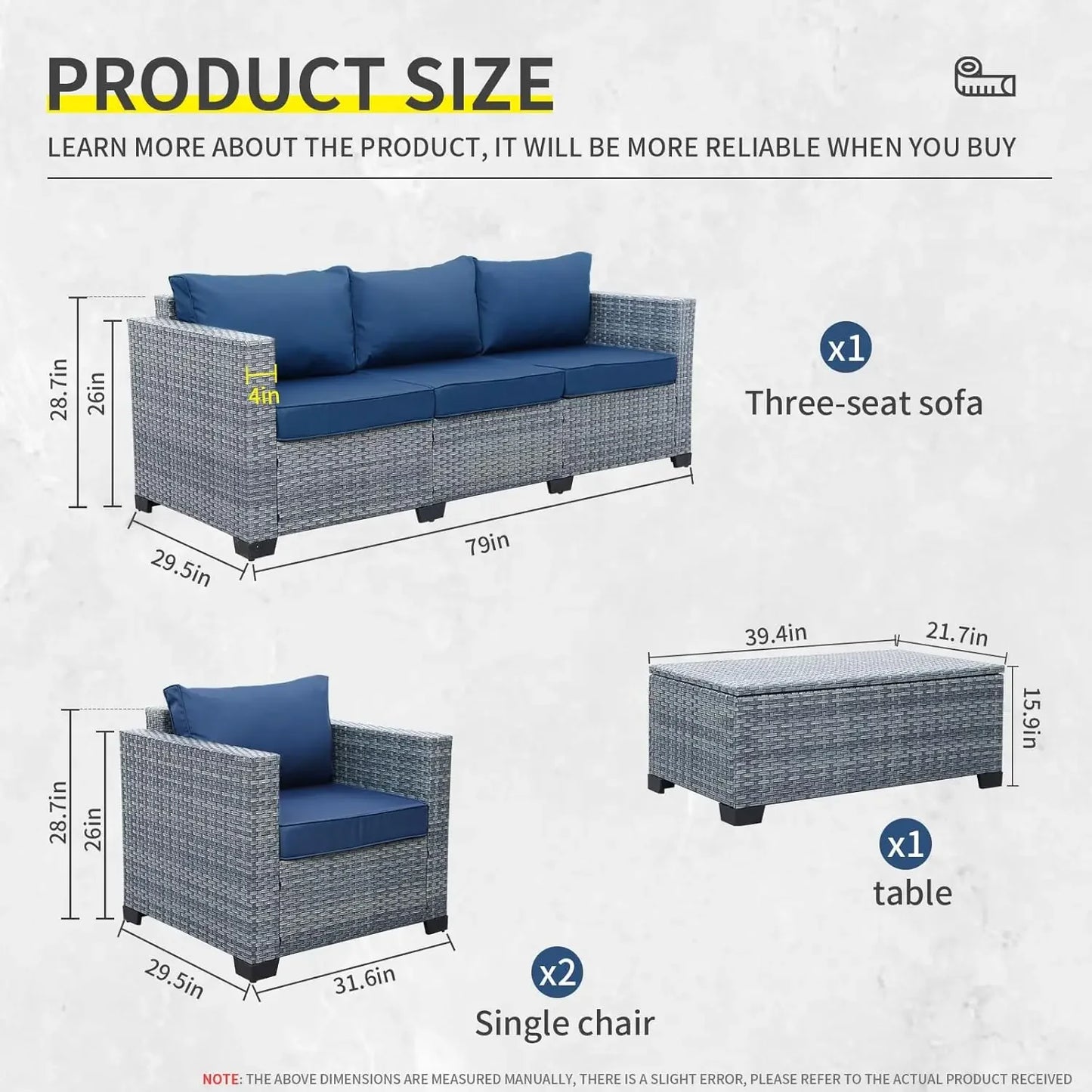 NEW 4 Piece Wicker Patio Furniture Sets Outdoor Conversation Set PE Rattan Sectional Sofa Couch with Storage Table & Royal Blue