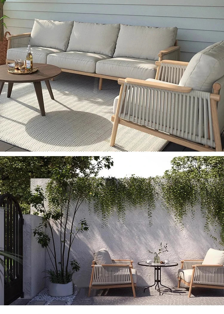 Outdoor Sofa Teak Outdoor Balcony Courtyard Rope Weaving Outdoor Tea Table Combination Garden Solid Wood Furniture