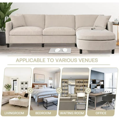 Convertible L-Shaped Sectional Couch with Movable Ottoman, Reversible Chaise, 2 Pillows, Modern Fabric Modular Sofa