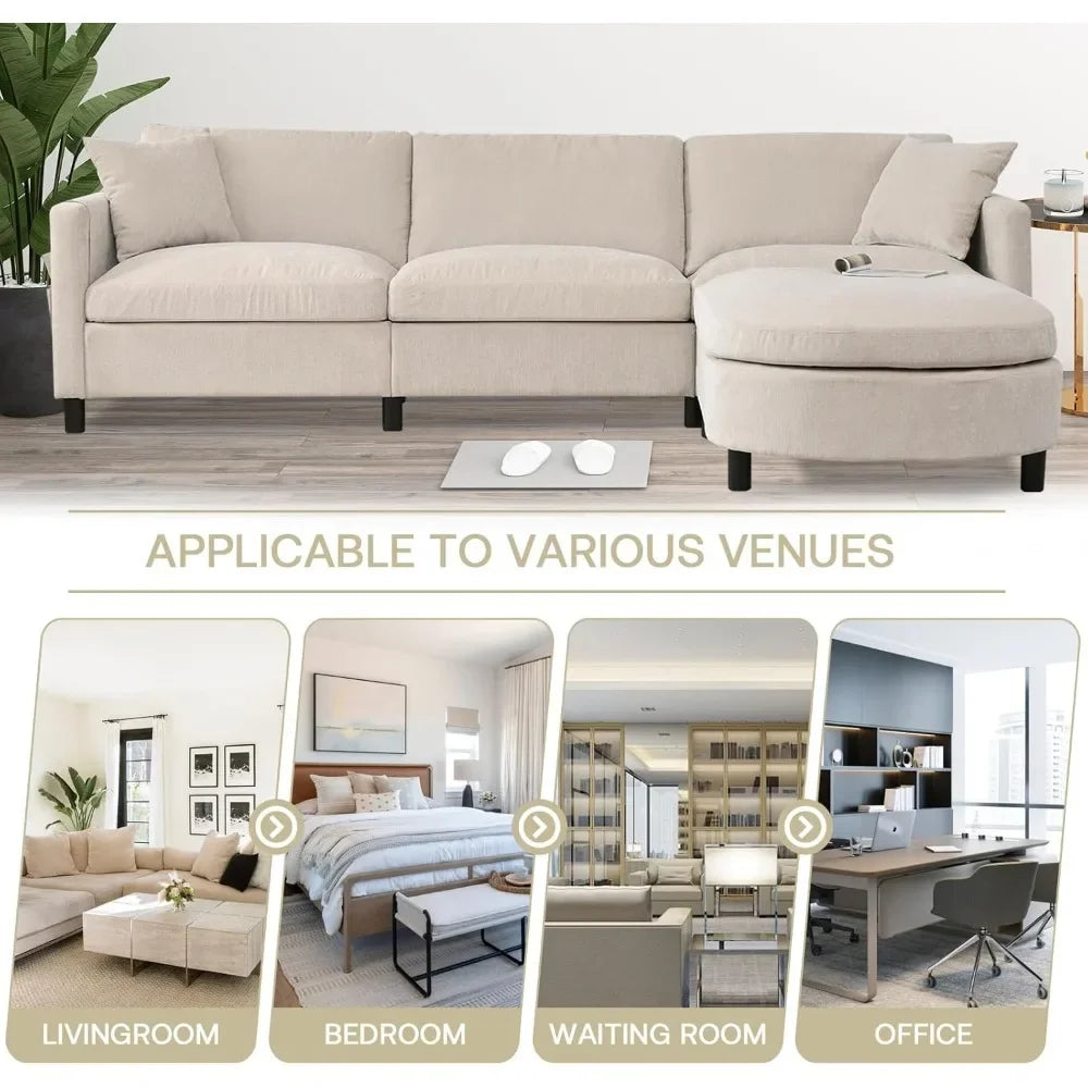 Convertible L-Shaped Sectional Couch with Movable Ottoman, Reversible Chaise, 2 Pillows, Modern Fabric Modular Sofa