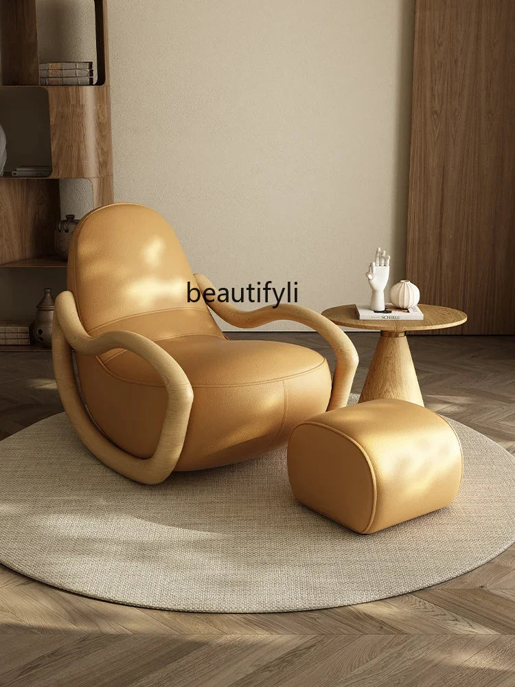 Household balcony leisure chair sofa solid wood rocking chair Chinese lazy sofa recliner environmentally friendly leather