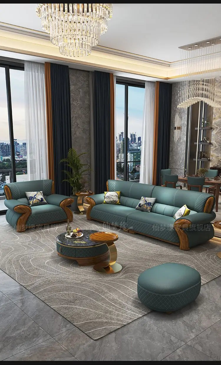 New leather sofa modern simple light luxury ebony solid wood new Chinese small apartment living room popular furniture