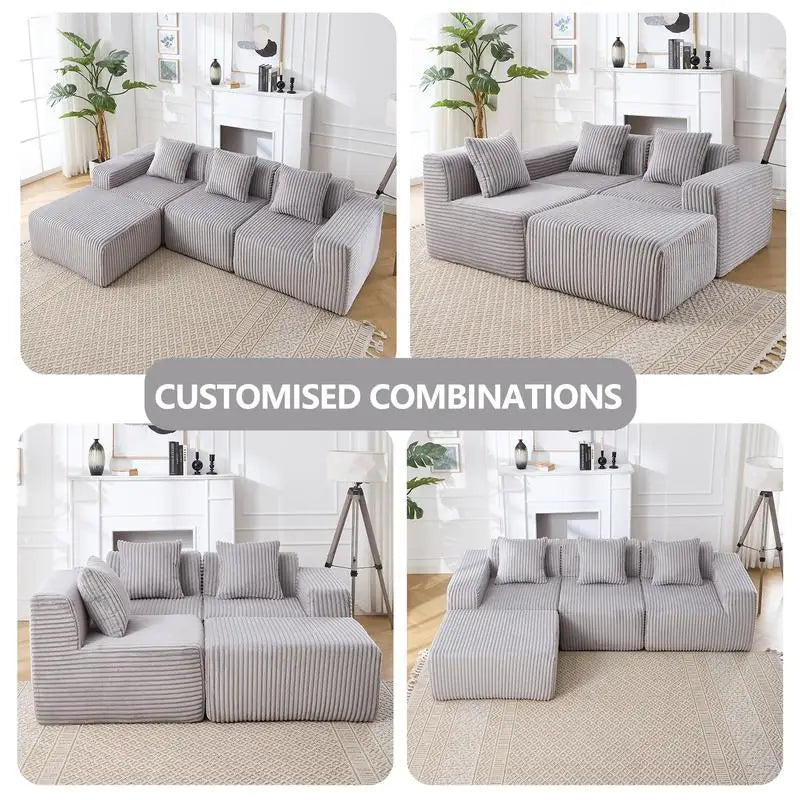 Grey Corduroy Striped Upholstered Sofa, Modern Minimalist U-shaped Sectional Sofa with Pull-out Bed & Storage Chaise, Soft and