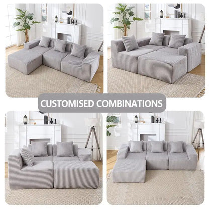 Grey Corduroy Striped Upholstered Sofa, Modern Minimalist U-shaped Sectional Sofa with Pull-out Bed & Storage Chaise, Soft and