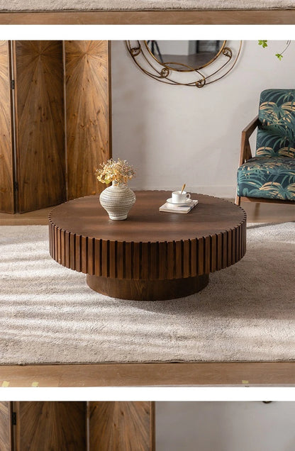 Modern Wooden Coffee Table Round Black with Solid Wood Veneered, Circle Center Table Accent Tea Table for Living Room Apartment