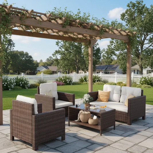 4-Piece Rattan Patio Furniture Set with Cushions and Glass Table for Outdoor Indoor Use