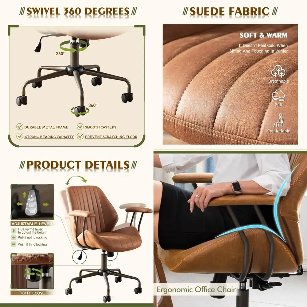 ergonomic high-back swivel chair in modern style with brown suede fabric for comfortable home office use