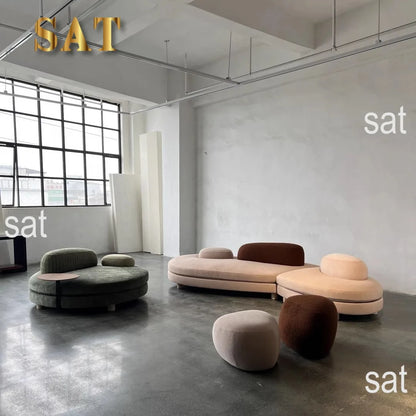 %High Quality Italian Style Minimalist Curved Villa Apartment Living Room Modern Simple Light Luxury Cream Color Fabric Set Hote