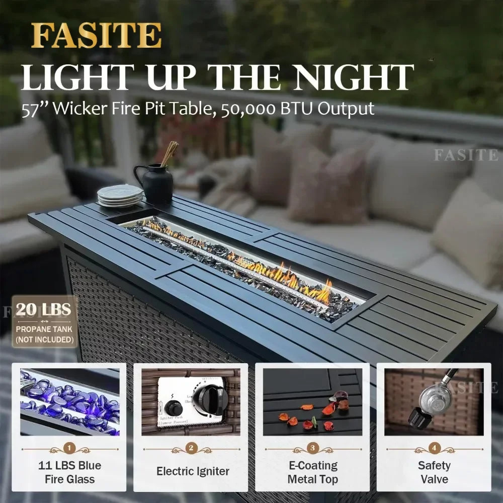 Garden Sofas, Furniture Set with Fire Pit Table, Outdoor Wicker Conversation Set, 3-Seat with 56