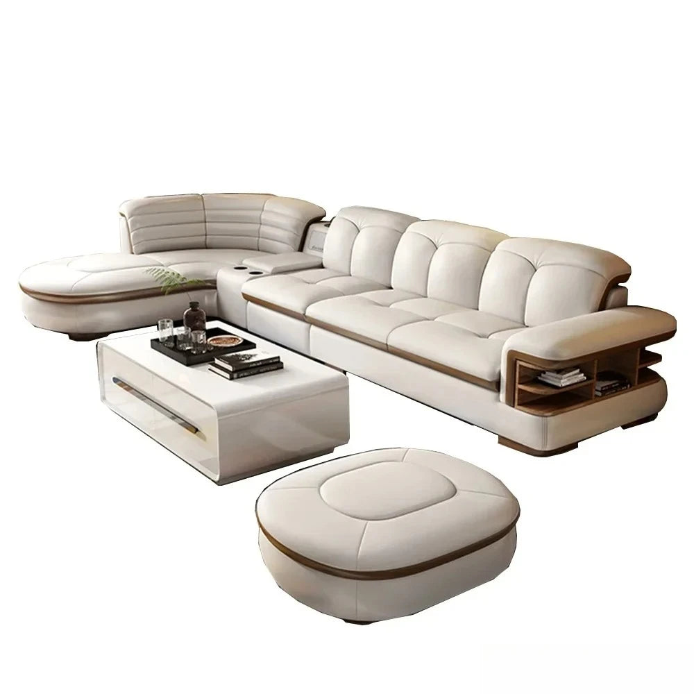 Luxury L-Shaped Genuine Leather Sectional Sofa Sets with USB, Bluetooth Speaker - MINGDIBAO Living Room Italian Leather Couches