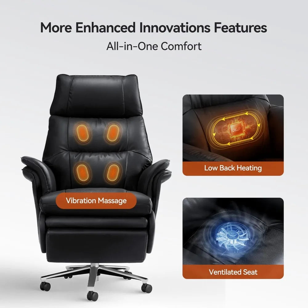 Dual Motor Electric Executive Office Chair with Heat Massage Ventilation, 180° Lay-Flat Reclining Office Chair with Footrest