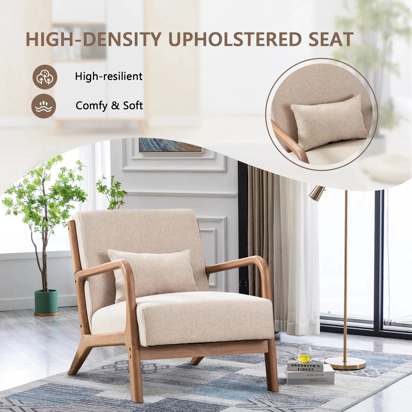29*33*26 Inch Solid Color Solid Wood Living Room Chair 105° Backrest Non-Slip Casual Bedroom Chair With Pillow