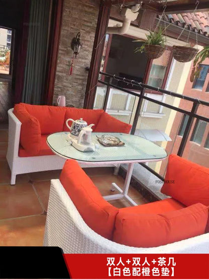 European Outdoor Garden Sofas Leisure PE Rattan Garden Terrace Sofa Chair Set Courtyard Balcony Double Sofa Outdoor Furniture AA