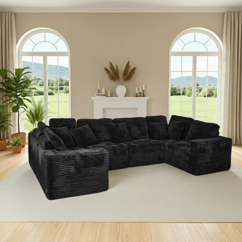 135.5-inch Modular U-Shaped Sectional Sofa, 6-Seater Chaise Lounge with Reversible Design, Striped Corduroy Fabric in Black
