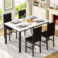 Modern Dining Table Set for 4 with Faux Marble Top and Leather Chairs Small Space Kitchen Apartment White