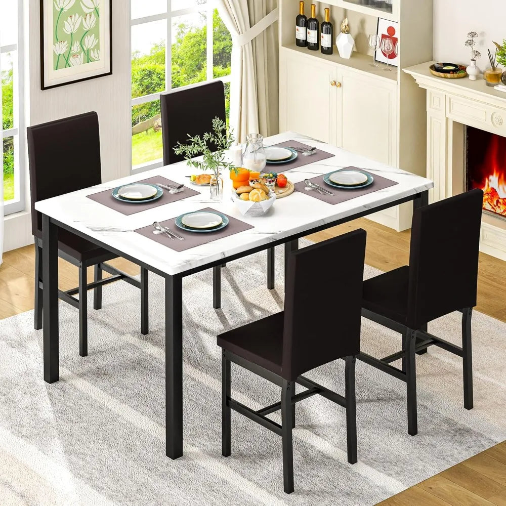 Modern Dining Table Set for 4 with Faux Marble Top and Leather Chairs Small Space Kitchen Apartment White
